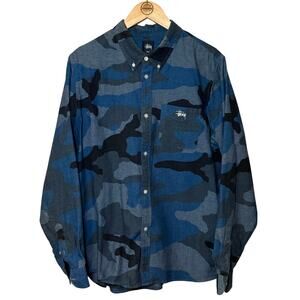 Stussy VTG Casual Button Front Shirt Blue Camouflage Long Sleeve Mens Size Large